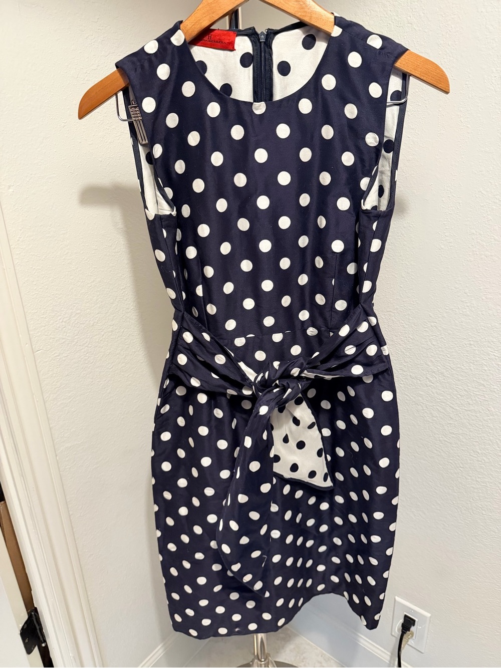 Carolina Herrera Navy and White Polka Dot Sleeveless Tie-Waist Dress